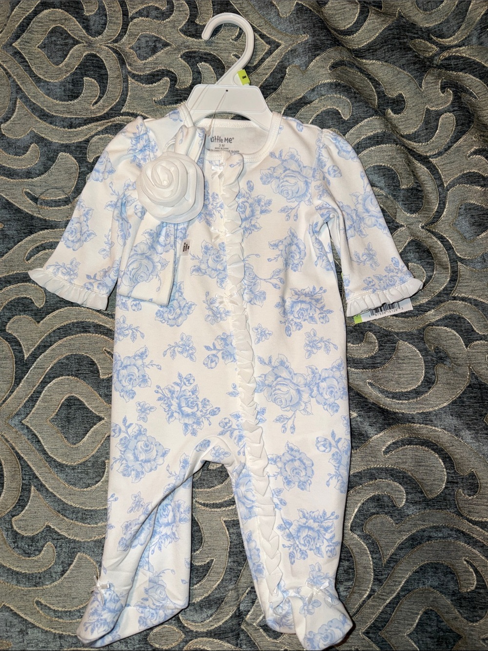 Little Me White and Blue Floral Ruffle Footie One-Piece